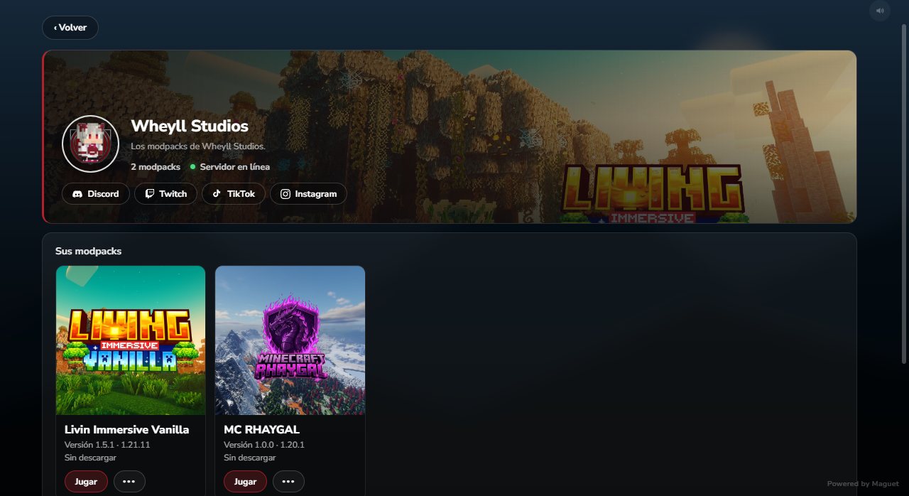 A creator's community page: banner, social links, server status and their modpacks.