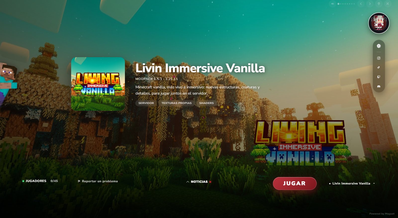 Maguet Launcher branded for Wheyll Studios, showing the Livin Immersive Vanilla modpack with its artwork, description and the Play button.