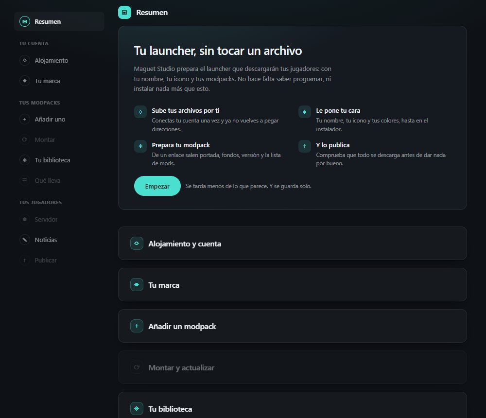 Maguet Studio's welcome screen: your launcher without touching a file.